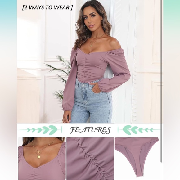 Womens Sexy Sweetheart V Neck Bodysuit Tops Long Sleeve Ruched Body Suits - Picture 3 of 5